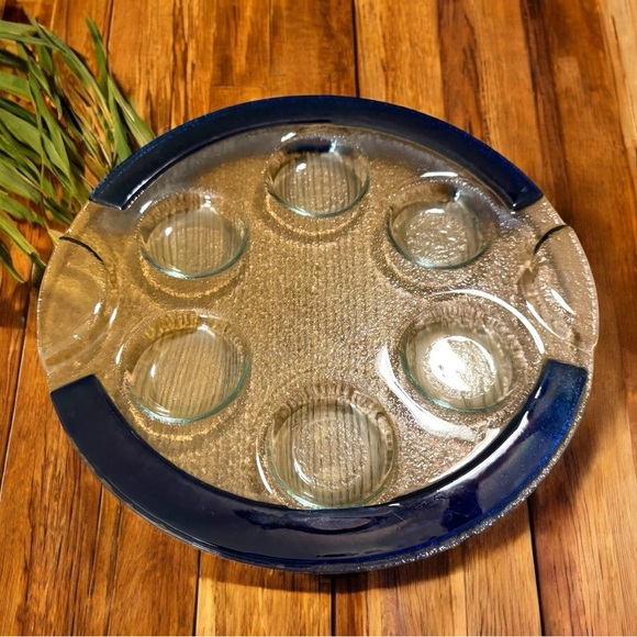 Fused Art Glass Passover Seder Plate – Cobalt Blue & Clear Textured Glass – 10” - Picture 2 of 7